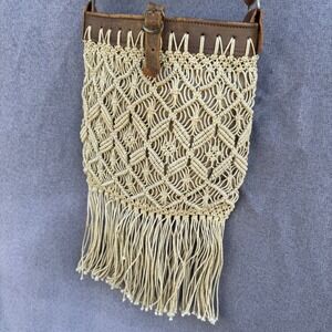 Vintage Genuine Leather Macrame Fringe Crossbody Bag Bohemian Festival Brown